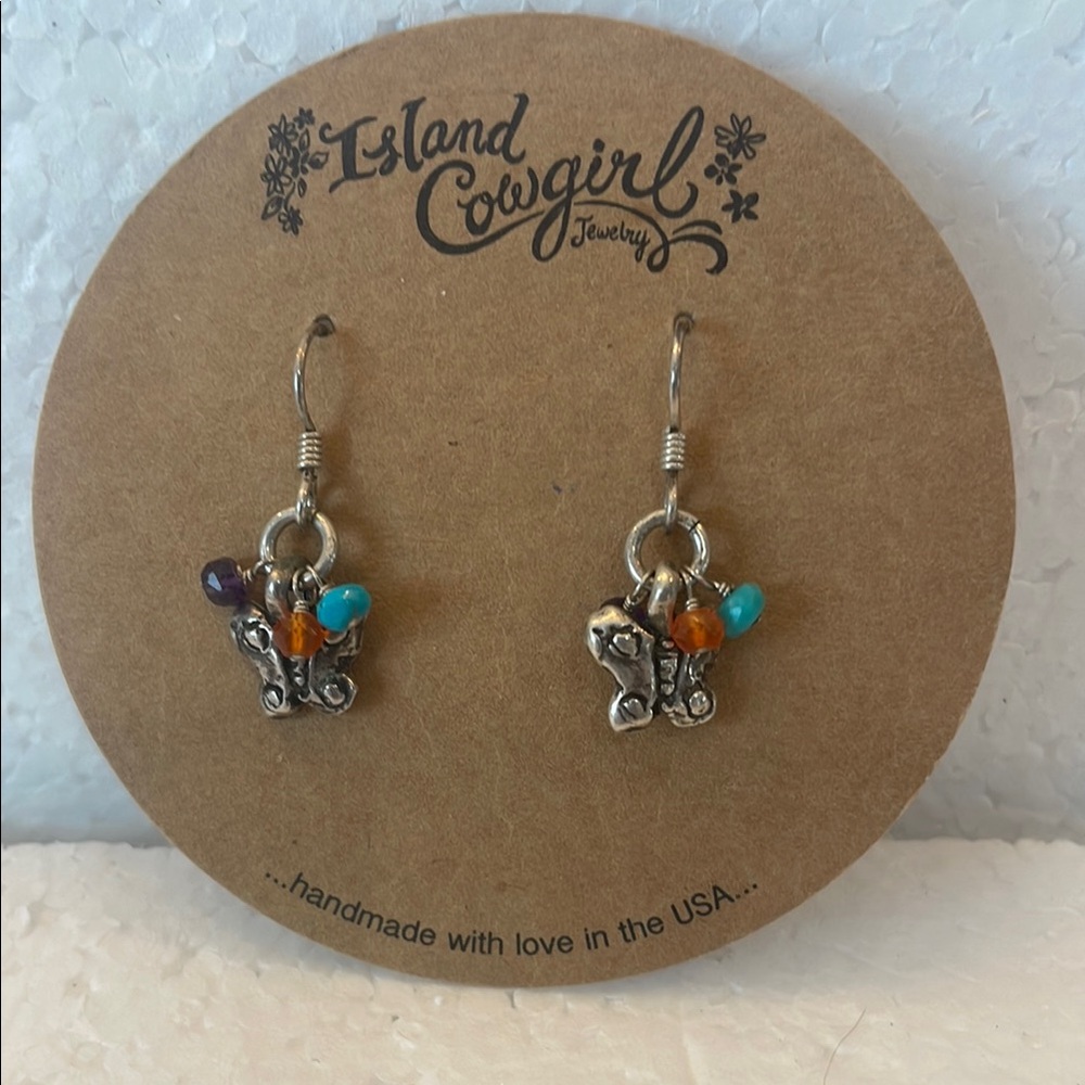 Island Cowgirl Butterfly pierced Earrings sterling silver Colorful Beads